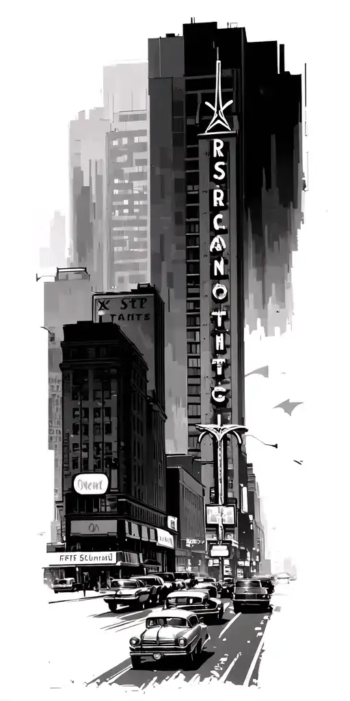 9 x 16 image in the style of America in the 1940s, a wide central street of the city, tall skyscrapers, neon signs. In t tattoo design idea