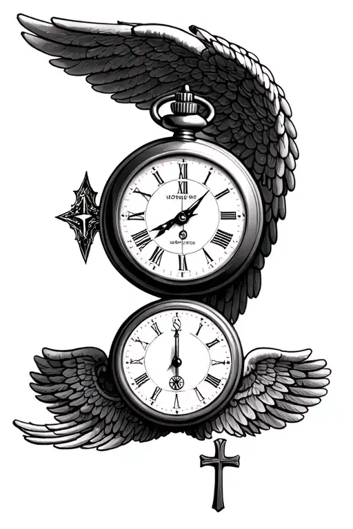 pocket watch 21:05, compass, Christian cross, angel wings tattoo design idea