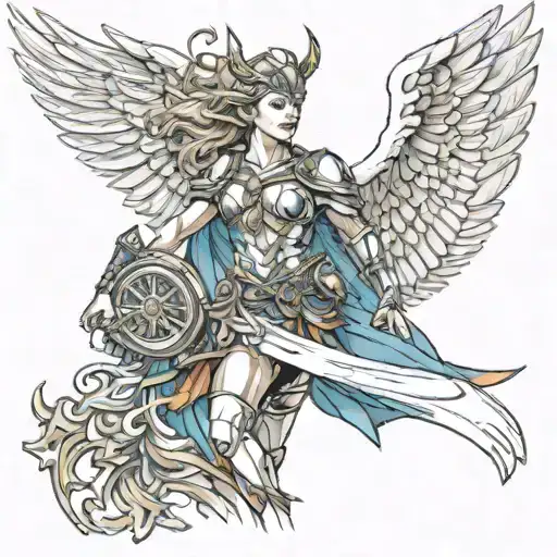 Upper Arm: Start with the Valkyrie in a powerful pose. Add details like wings and armor. Above her, place Odin with rave tattoo design idea