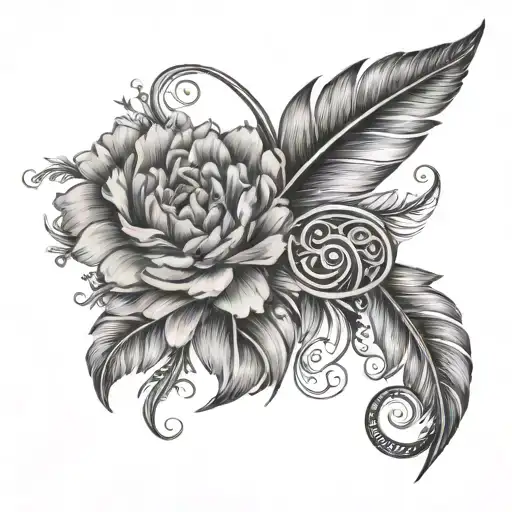feather and marigold flower with infinity symbol tattoo design idea