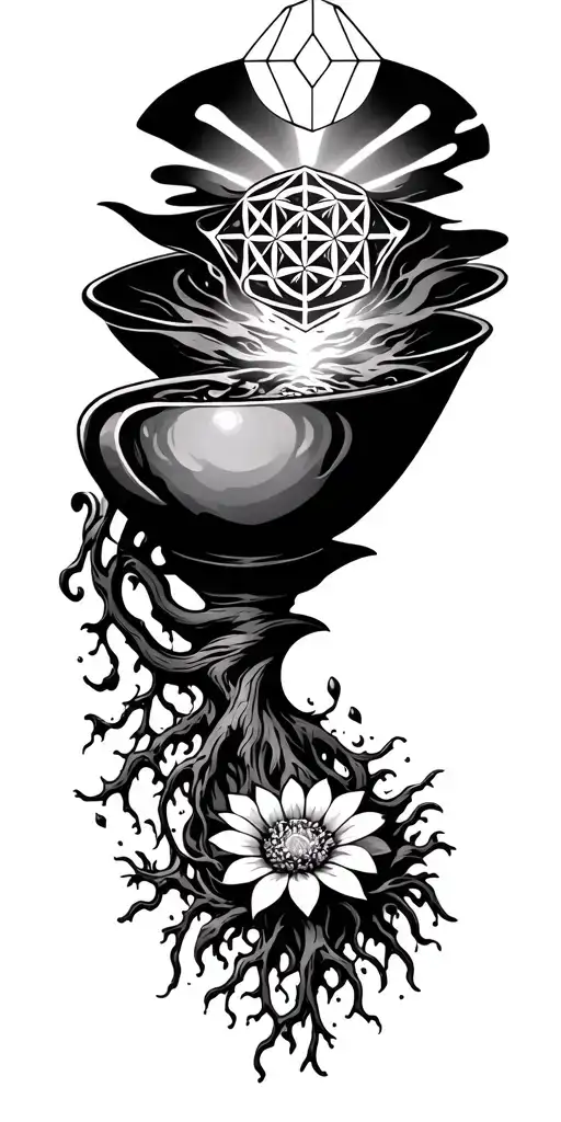 Metatron Cube at the top, flow int sunbeams flowing into a cup with roots coming out of the bottom into a flower of life tattoo design idea