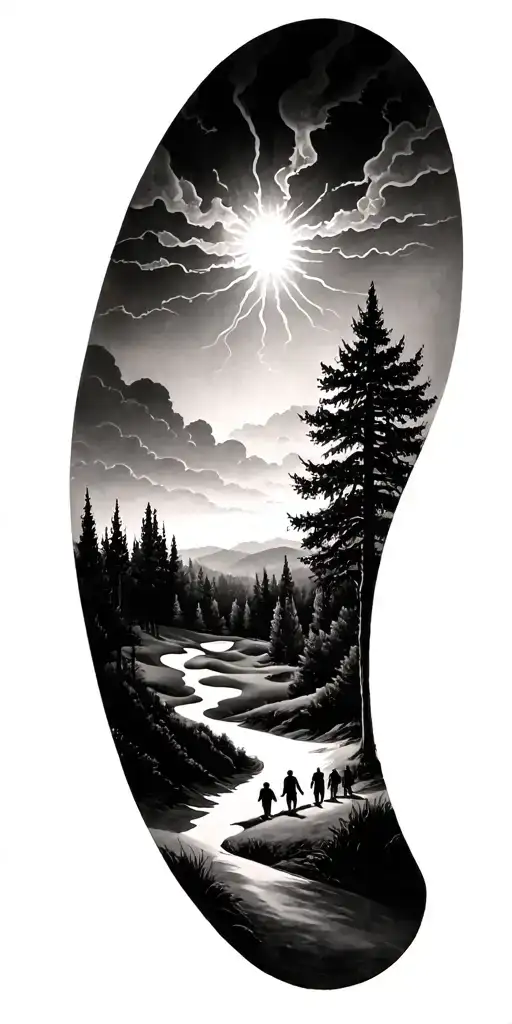 salvador dali and ansel adams and beautiful forest scene with black sky with family walking and golf course and hour  tattoo design idea