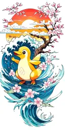 psyduck and slowpokr, water, wave, whirpool, psychic powers, clouds, branches, leaves, sakura flowers, tree, sunset, spl tattoo design idea