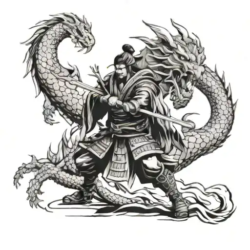 A samurai warrior facing off against a fierce dragon in battle tattoo design idea