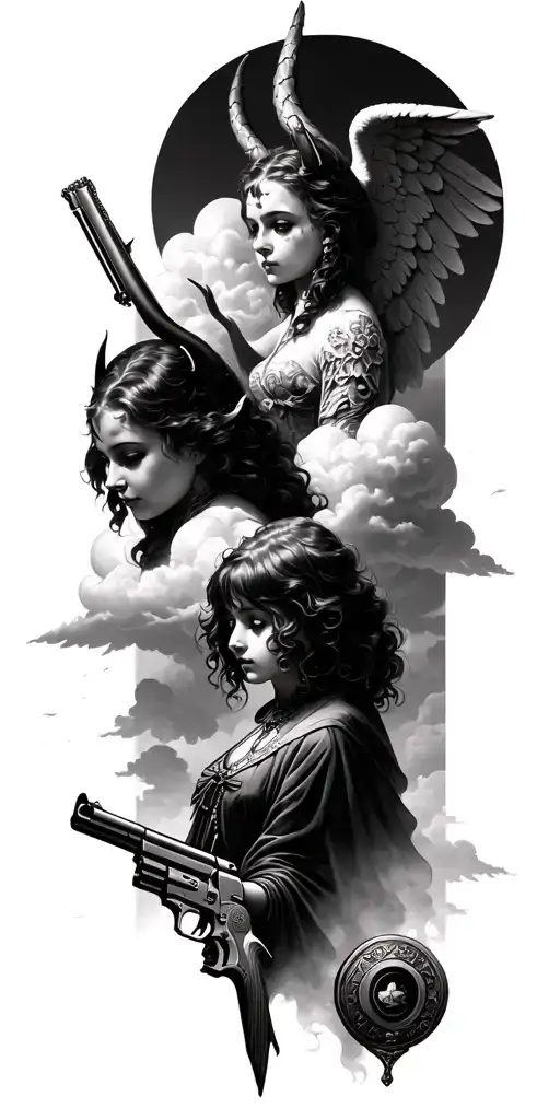a background of clouds, a devil and an angel, old-fashioned objects, a gun, several figures in realistic form, tattoo design idea