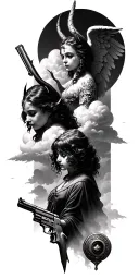 a background of clouds, a devil and an angel, old-fashioned objects, a gun, several figures in realistic form, tattoo design idea