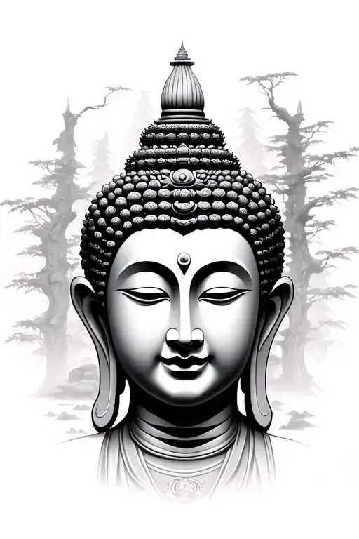 calm Buddha head, ancient Chinese temple, misty forest, black and grey tattoo style, detailed linework, peaceful atmosph tattoo design idea