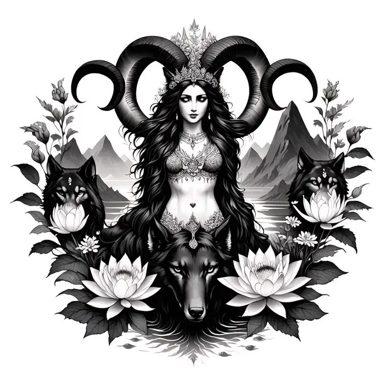 Aries goddess surrounded by poeny and lotus flowers with a black wolf and mountains range  tattoo design idea