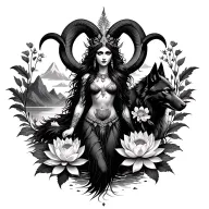 Aries goddess surrounded by poeny and lotus flowers with a black wolf and mountains range  tattoo design idea