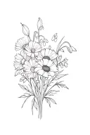 a minimalistic birth fower boquet with carnations and snowdrops, gladiolus and poppy, chrysanthemum, holly and narcissus tattoo design idea