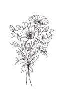 a minimalistic birth fower boquet with carnations and snowdrops, gladiolus and poppy, chrysanthemum, holly and narcissus tattoo design idea