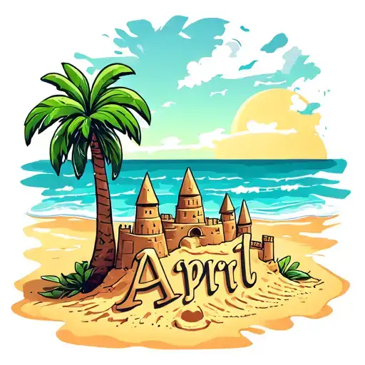 a beach with palm trees and sand castle with April written in sand tattoo design idea