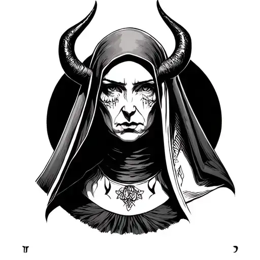 Dark nun behind the devil horns tattoo design idea