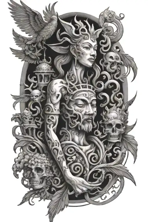 Artistic portrayal of finding inner peace and contentment amidst chaos tattoo design idea