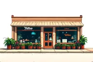 outside of 2 story tattoo shop with big windows and plants inside them tattoo design idea