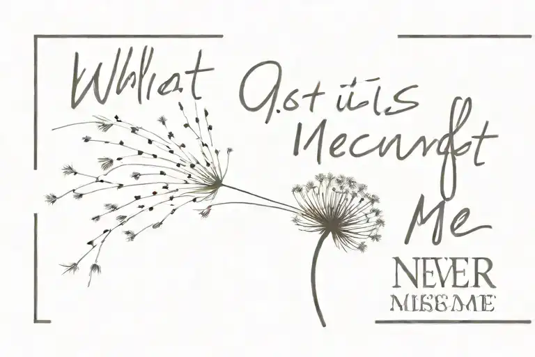the phrase 'what is meant for me, will never miss me' in handwritten font with a dandelion and a few seeds flying away  tattoo design idea