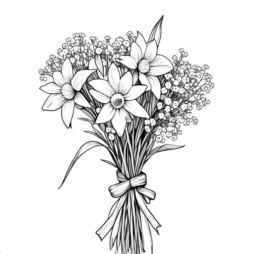 dafodil and babies breath bouquet tied by the stems with a thin ribbon tattoo design idea