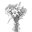 dafodil and babies breath bouquet tied by the stems with a thin ribbon tattoo design idea