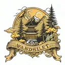 The word wanderlust along with mountains, trees and Buddhist flags tattoo design idea