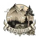 The word wanderlust along with mountains, trees and Buddhist flags tattoo design idea