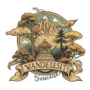 The word wanderlust along with mountains, trees and Buddhist flags tattoo design idea