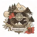 The word wanderlust along with mountains, trees and Buddhist flags tattoo design idea