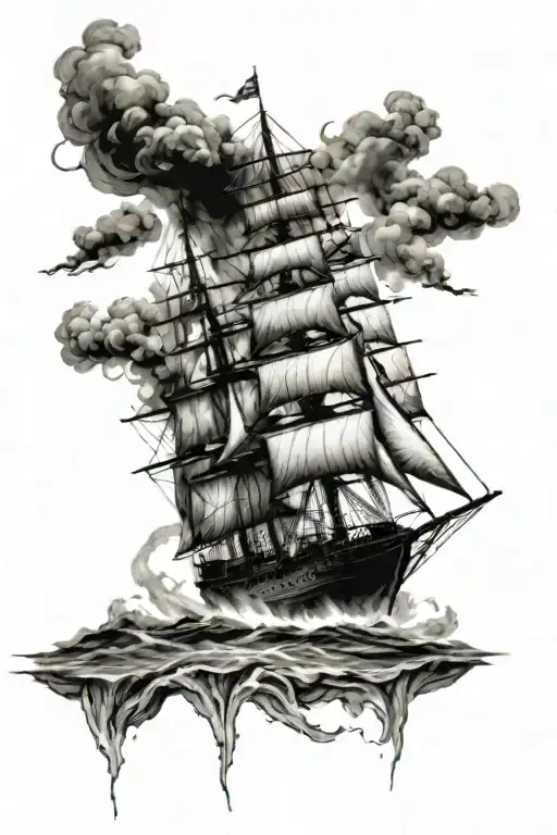 burning ship tattoo design idea