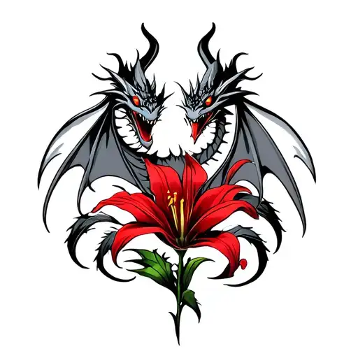 dragon with red lily black and white tattoo design idea