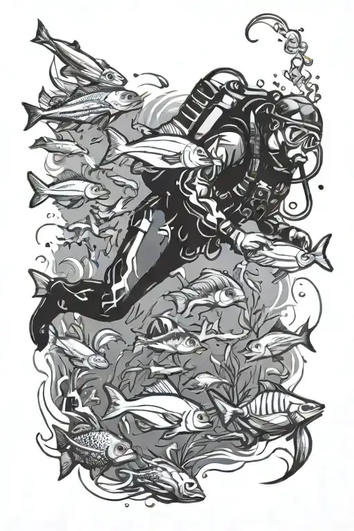 Scuba dive with sea creatures swimming tattoo design idea