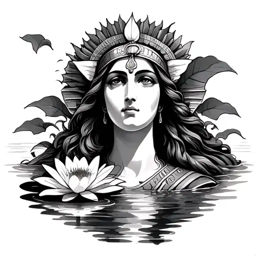 goddess isis emerging from torso out behind a water lily flower and lily pad  tattoo design idea