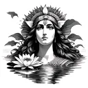 goddess isis emerging from torso out behind a water lily flower and lily pad  tattoo design idea