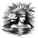 goddess isis emerging from torso out behind a water lily flower and lily pad  tattoo design idea
