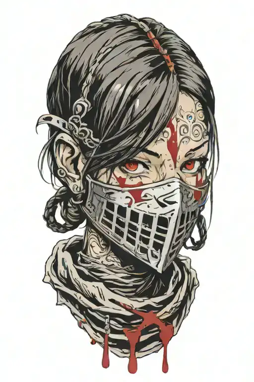 Dark Souls with hair with pigtails with blood on face head mask Shoulder portrait tattoo design idea
