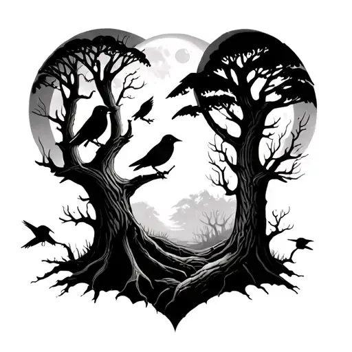 Forest with crows on the trees and soul eater moon tattoo design idea