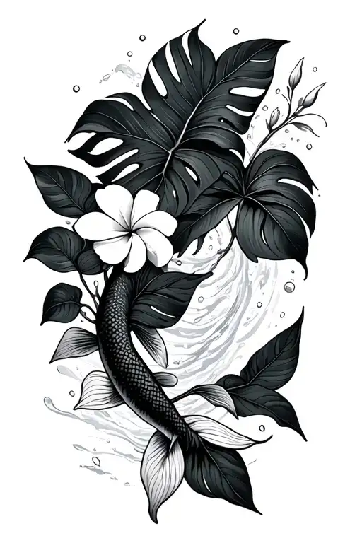 black and white, outline, minimal, monstera leaf, plumeria flowers, koi fish going up with water. curving on right pelvi tattoo design idea