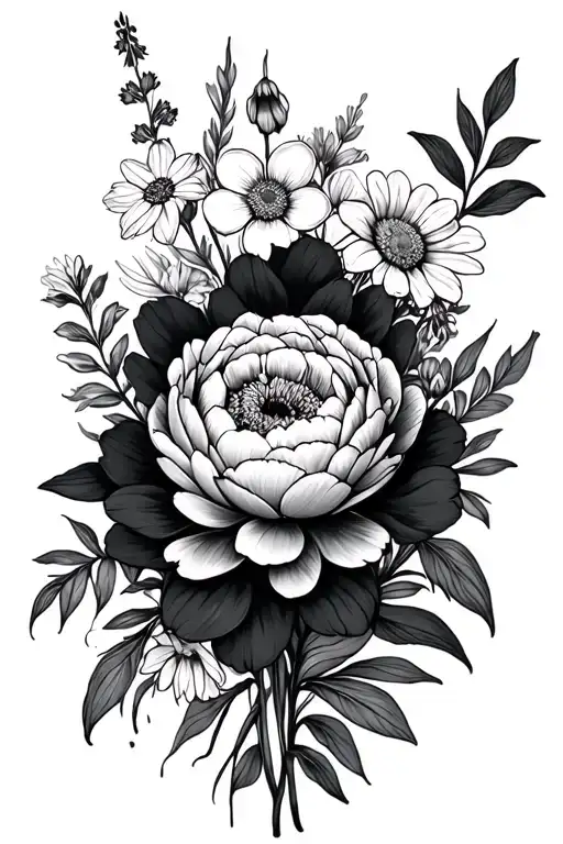 Cosmos, daffodil, larkspur, peony, and daisy black fine line bouquet tattoo tattoo design idea