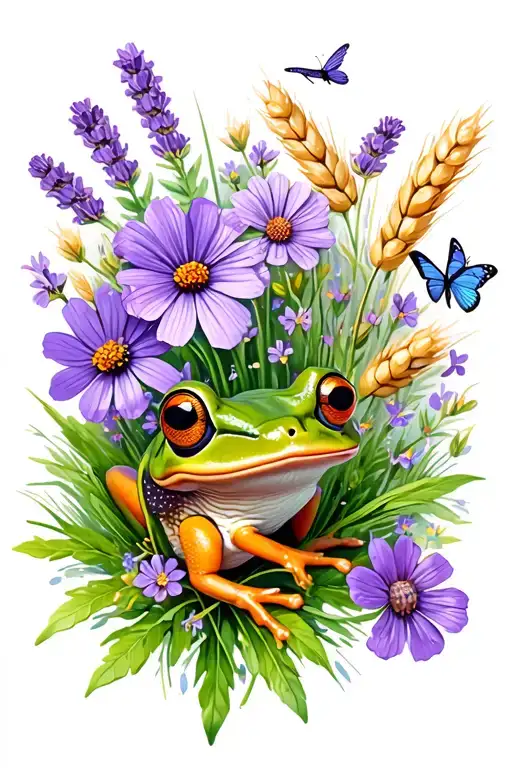 wildflowers, whimsical, fairy, frogs, butterflys, mushrooms, bees and dragonflys, lavender sprigs, wheat sprigs garden m tattoo design idea