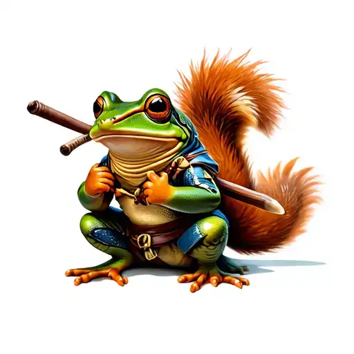 ninja squirrel versus samurai frog sitting tattoo design idea