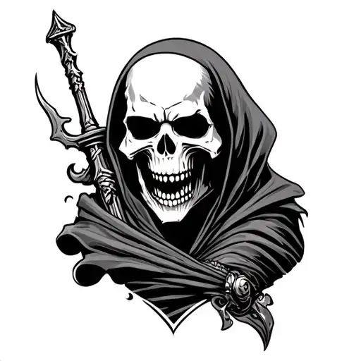 Black and grey tattoo design in dark realism style. A realistic Grim Reaper facing outward, aggressive  tattoo design idea