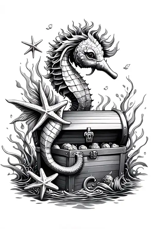 ocean theme arm sleeve including treasure chest, starfish, mermaid, seahorse tattoo design idea