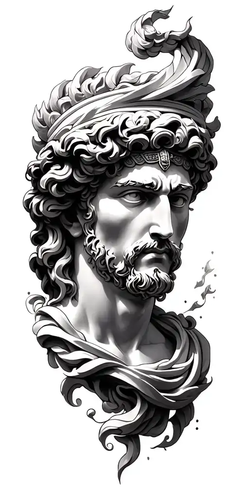 greek god head with full artistic around him based on greek mythology. i want a meander going around the arm and temple tattoo design idea