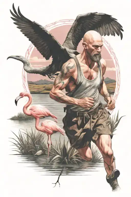 bald runner with short beard with the salt marshes of the south, the sun, pink flamingos and the reflection of a dragon tattoo design idea