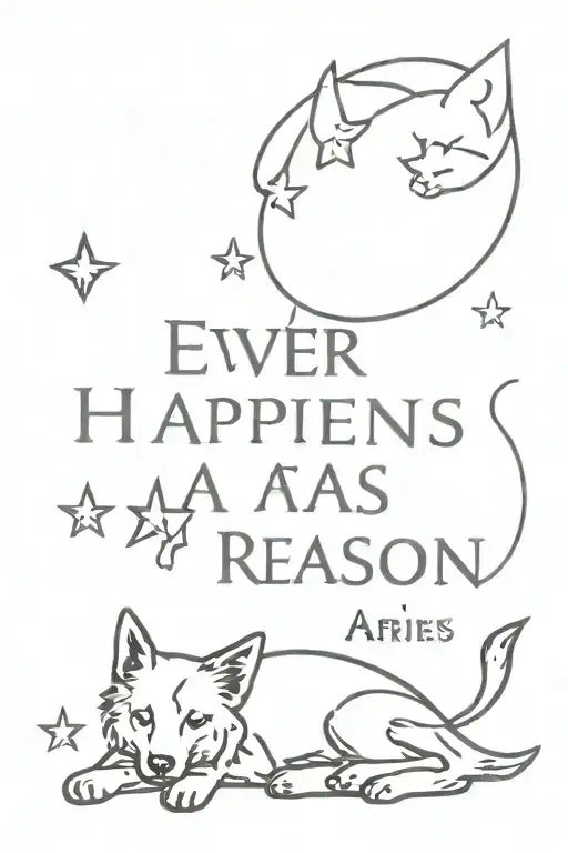 back tattoo with lirios, dog and cat paws, moon, aries sign and phrase " ever happens for a reason"  tattoo design idea