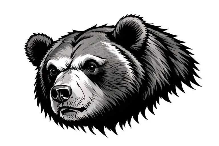 a bear head in neo-traditional tattoo art style. The bear is fierce with blank eyes, fixed gaze at the camera. tattoo design idea