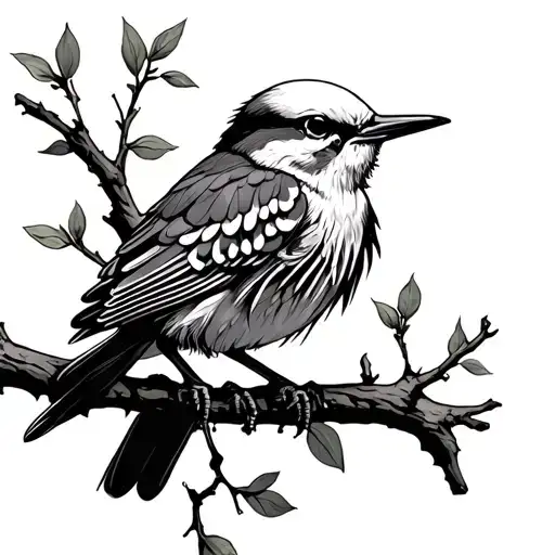 skeleton body mocking bird sitting on branch tattoo design idea