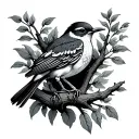 skeleton body mocking bird sitting on branch tattoo design idea