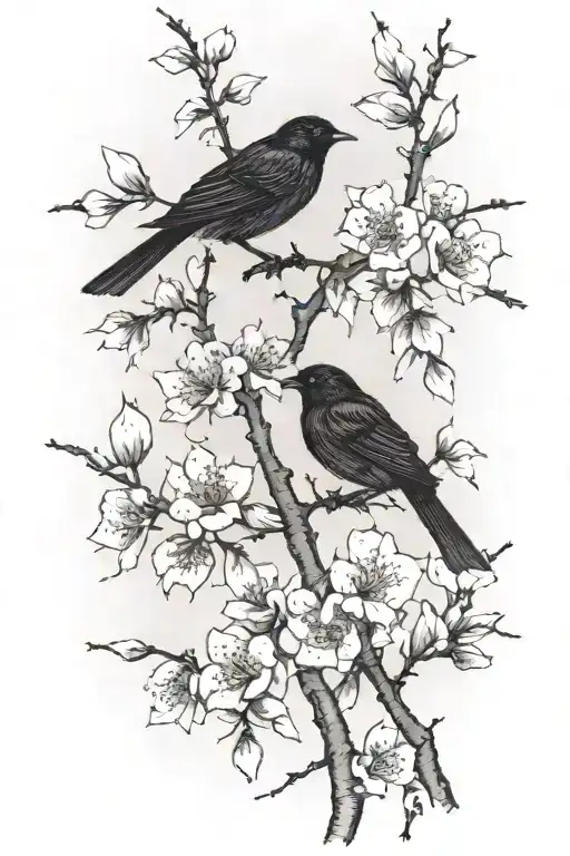 sideways skinny spooky scary cherry branch with minimal blossoms and four very small solid blackbirds   tattoo design idea
