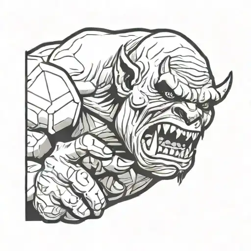 an orc biting down on a d20 showing 20   tattoo design idea