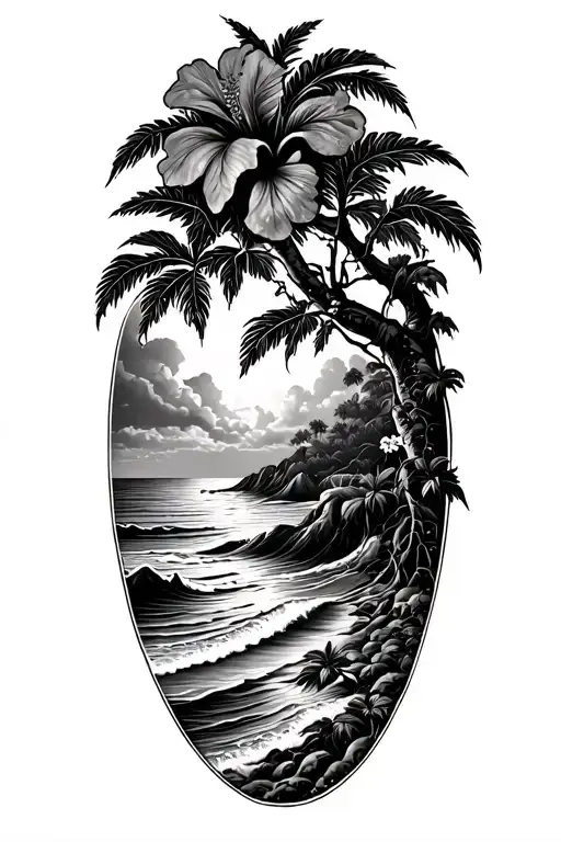 banyan tree with hibiscus vine with waves and a beach tattoo design idea