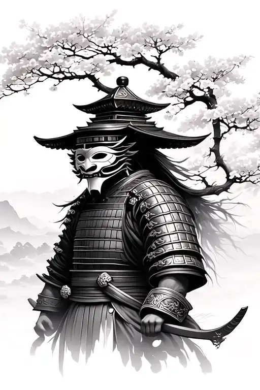 samurai with oni mask, sakura tree , japanese temple tattoo design idea